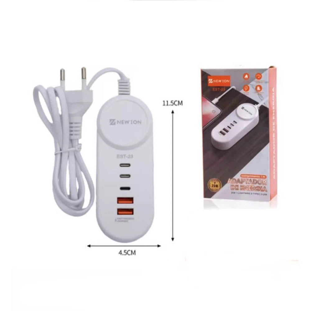 Carregador Adaptador de Energia New Ion C/ 2 Usb Tipo C + 1 Lightning + 2 USB A 25W - EST-23
