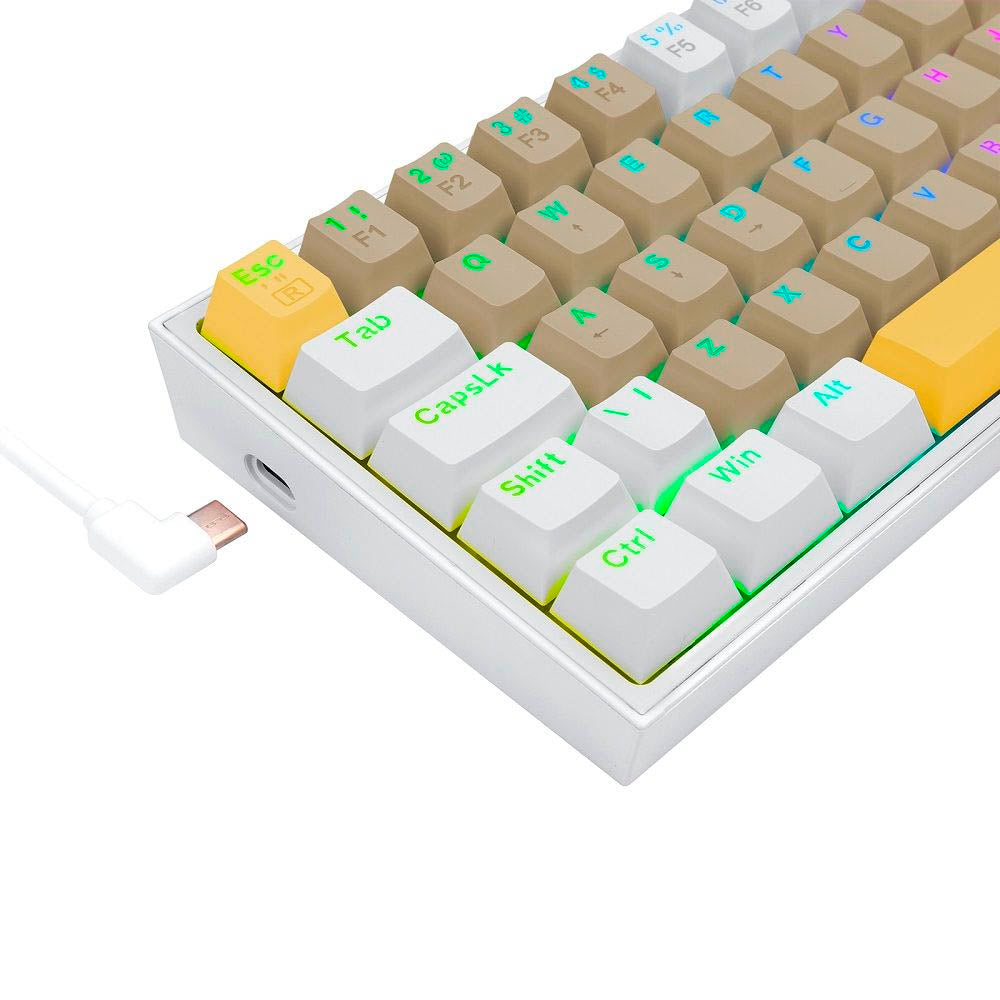 Teclado Gamer Mecânico Redragon Fizz Branco / Cinza / Amarelo RGB Switch Marrom - K617RGB-YL GY WT