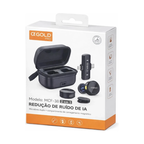Kit C/ 2 Microfones Sem Fio Magnético Lapela Tipo-C e Lightning aGold C/ Base e Redução de Ruído - MCF-38A