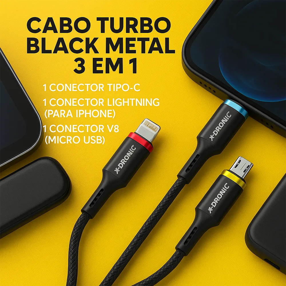 Cabo Carregador Usb Tipo C 3 em 1 Turbo Lightning Tipo C e V8 Preto X-Dronic