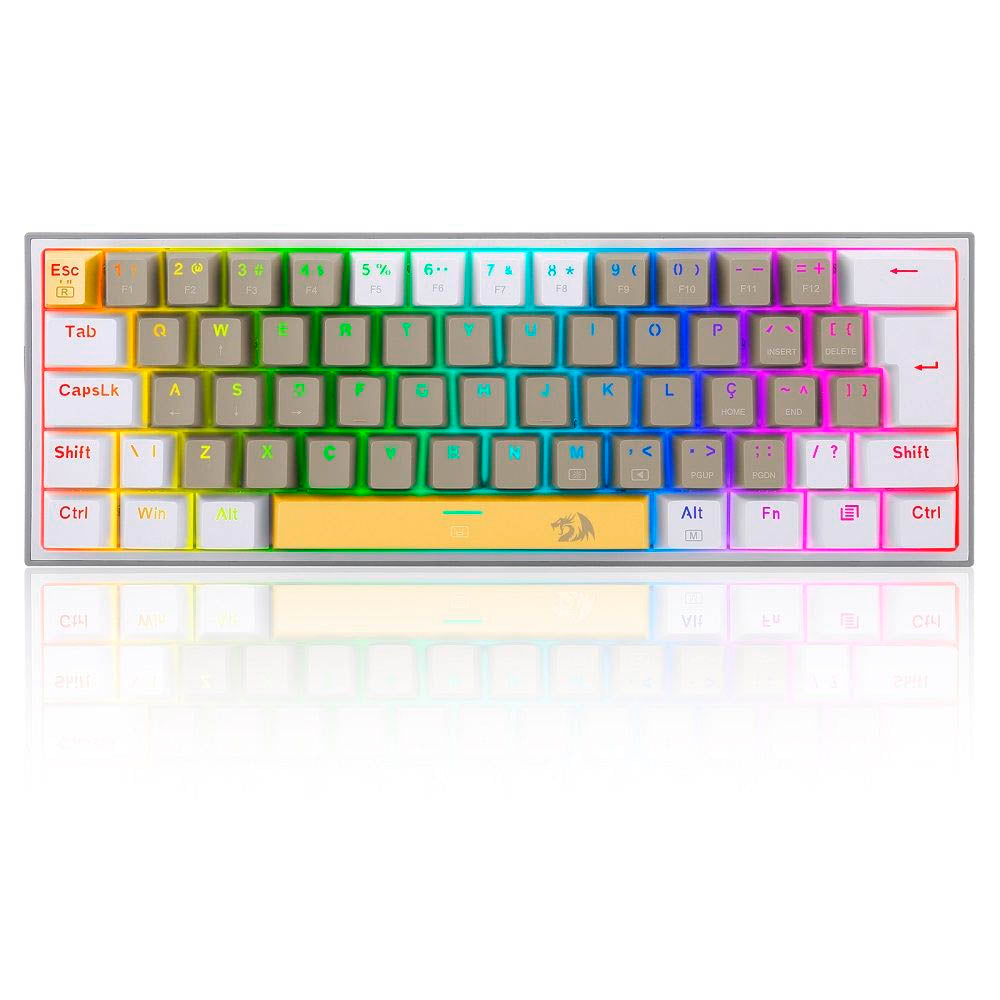 Teclado Gamer Mecânico Redragon Fizz Branco / Cinza / Amarelo RGB Switch Marrom - K617RGB-YL GY WT