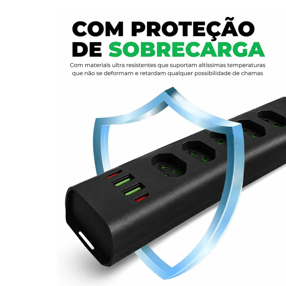 Filtro de Linha 6 Tomadas 20A , 3 Usb, 3 Usb Tipo C 2mts  Preto