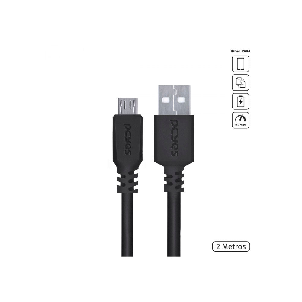 Cabo Para Celular Micro Usb Para Usb 2.0 2mt PCYes Preto - PMUAP-2