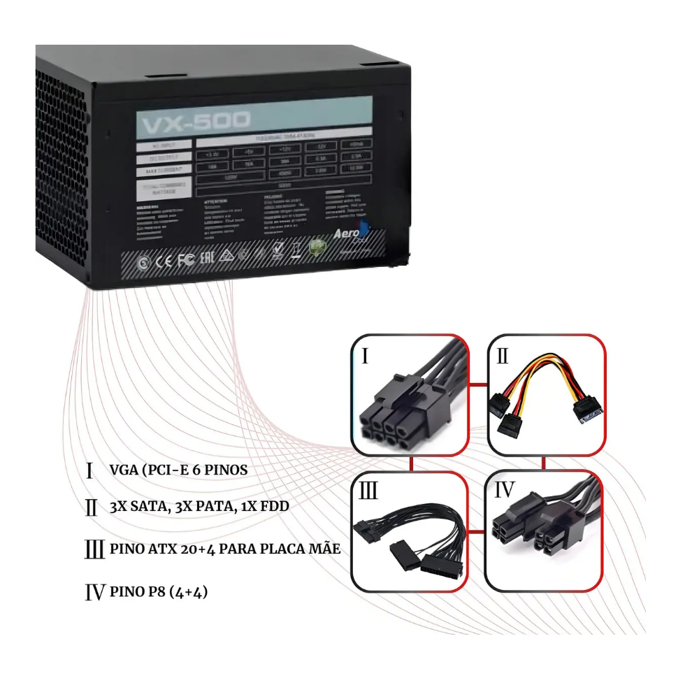 Fonte Real Atx 500w Aerocool Vx-500 En57136 S/ Cabo Biv