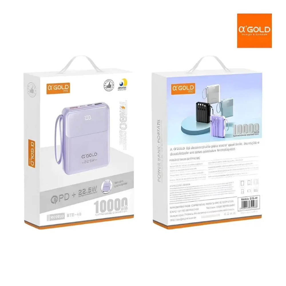Carregador Portátil Power Bank AGold 10000Mah Multiconexões Turbo PD 22.5W - BTE-48