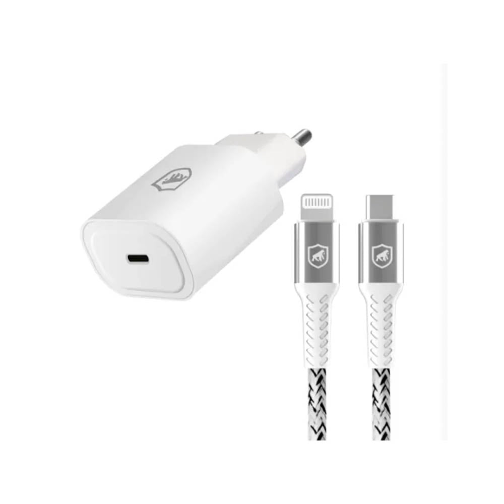 Kit Carregador de Parede USB Tipo C + Cabo USB Tipo C P/ Lightning Iphone Kevlar 1,5m GShield Branco - GS-8335