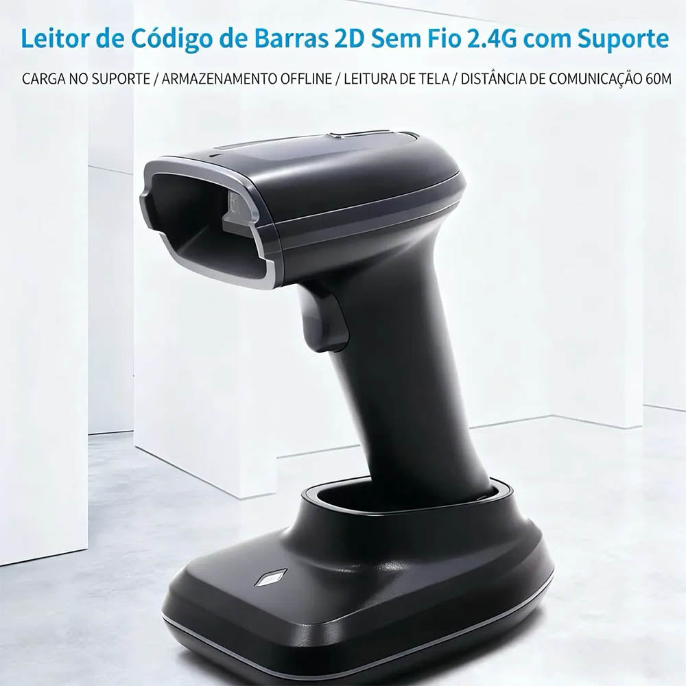 Leitor De Código De Barras Sem Fio 2d Com Suporte Bateria Longa Duraçao