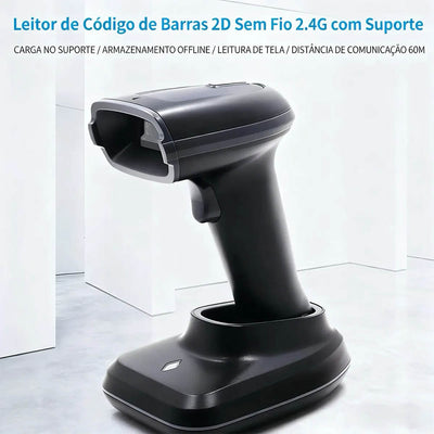 Leitor De Código De Barras Sem Fio 2d Com Suporte Bateria Longa Duraçao