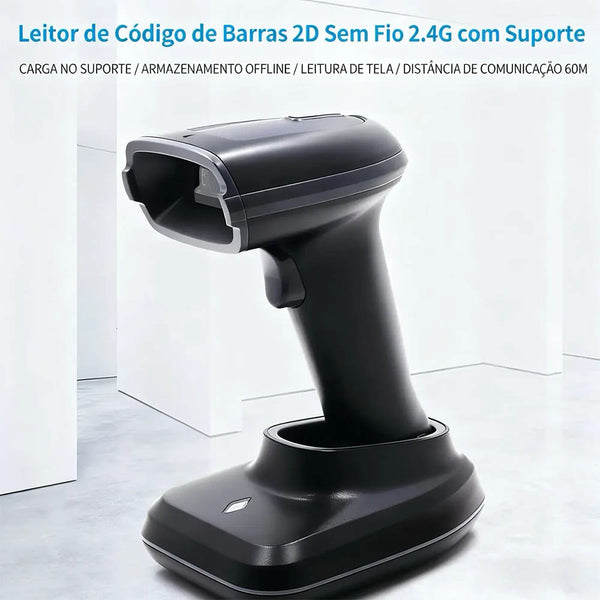 Leitor De Código De Barras Sem Fio 2d Com Suporte Bateria Longa Duraçao