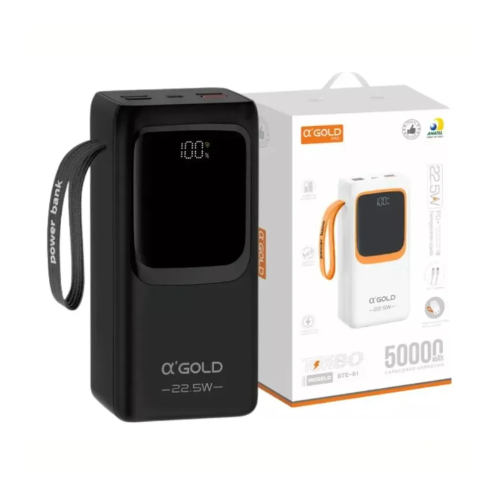 Carregador Portátil Power Bank AGold 50000Mah Turbo PD 22.5W Usb Tipo C e Lighting Preto - BTE-61