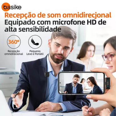 Microfone Sem Fio Wireless Lapela Tipo C Basike a Prova de Vento C/ 2 Microfones e Base de Carregamento
