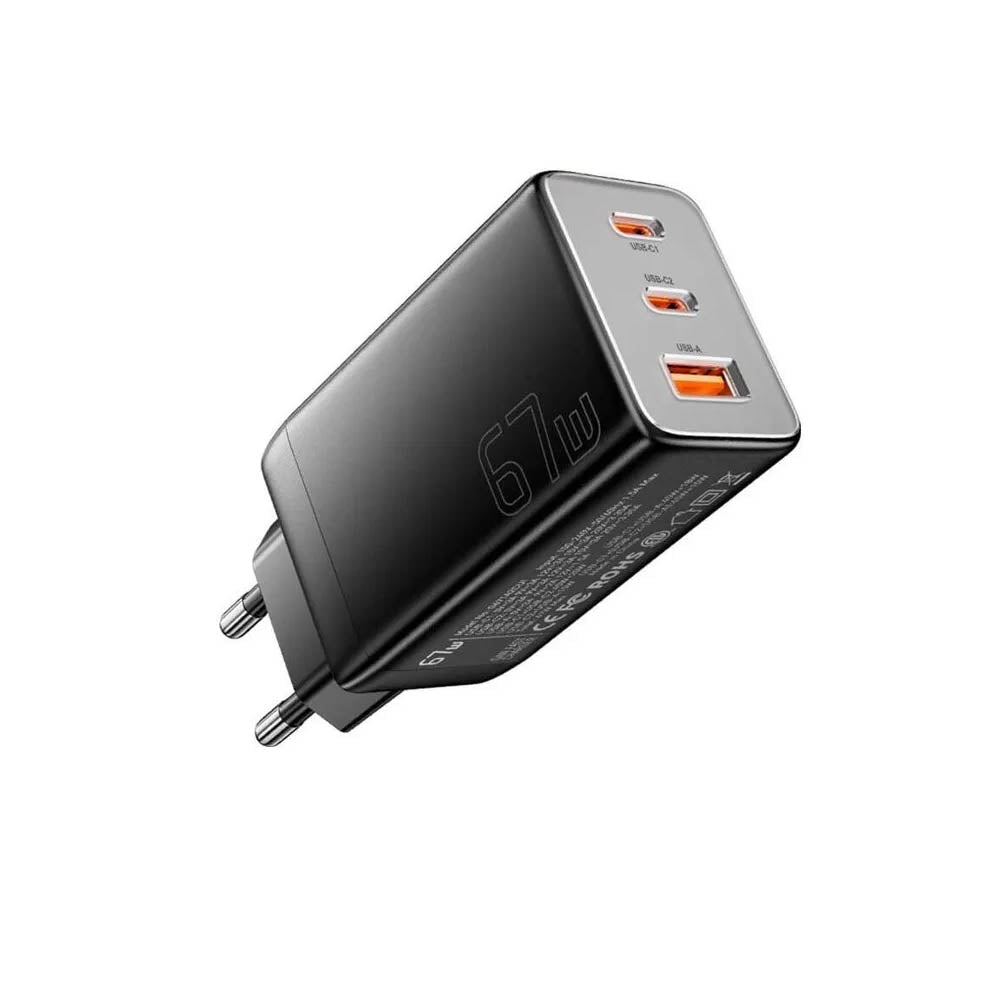 Carregador De Parede com 2 Saídas Usb-C + 1 Saída USB-A  67W  Essager Preto - ECT67W-LJB01-Z