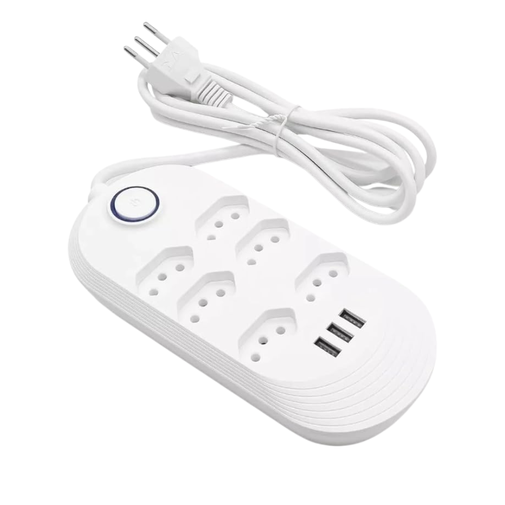 Filtro De Linha Extensão Elétrica 6 Tomadas + 3 Entradas USB Bivolt Branco 2m - WI300