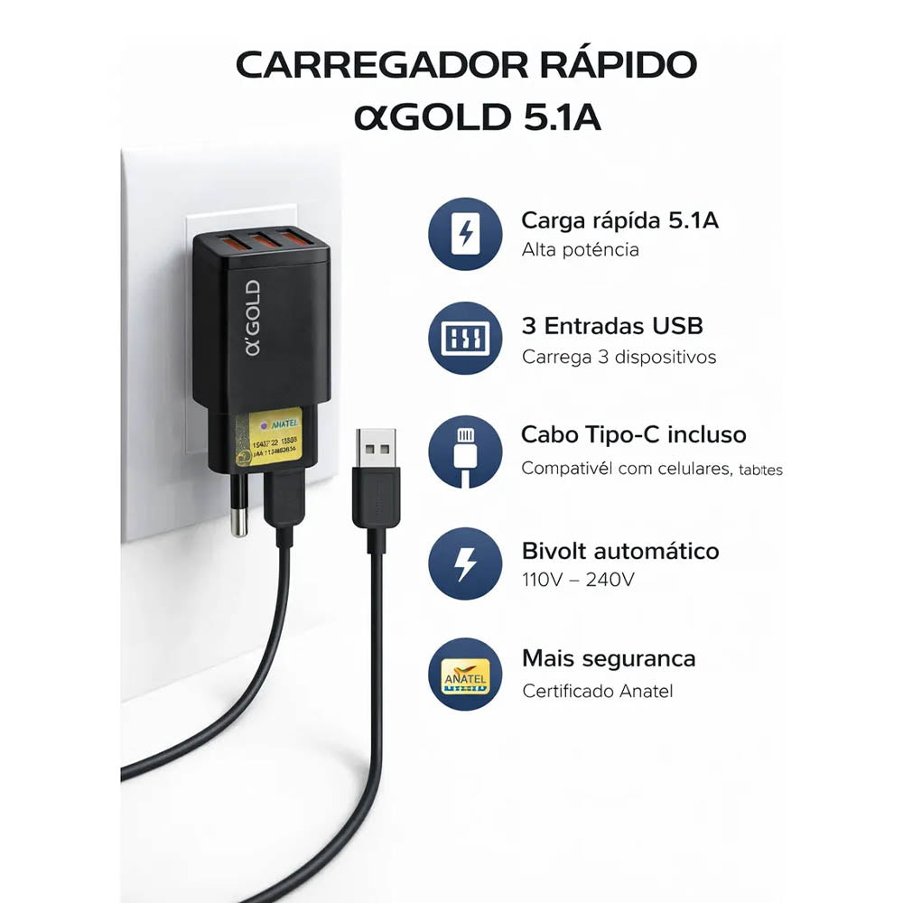Carregador De Parede aGold 3 Usb C/ Cabo Usb-C 5.1A - CA36-3