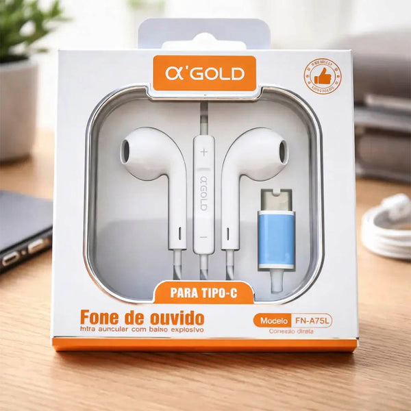 Fone De Ouvido Intra-Auricular Com Fio Tipo C aGOLD Branco  FN-A75L