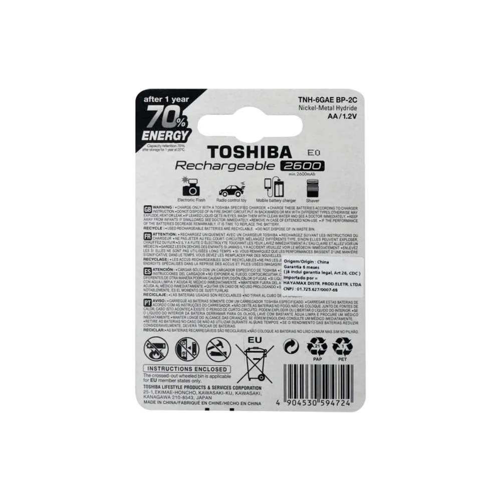 Pilha Recarregável AA 2600mah Toshiba (Blister C/ 2 Pilhas) - TNH6GAE