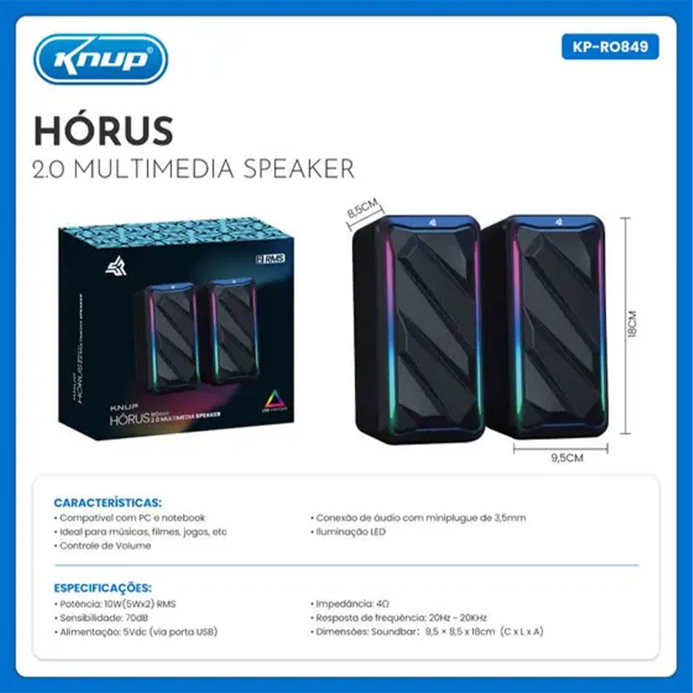 Caixa De Som Knup Horus 2.0 Multimidia 10W RMS C/ Led RGB Usb e P2 - RO849 Truedata