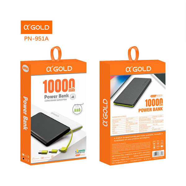 Carregador Portátil 10000mAh aGold Power Bank C/ Adaptadores Lightning / Tipo C - PN-951A