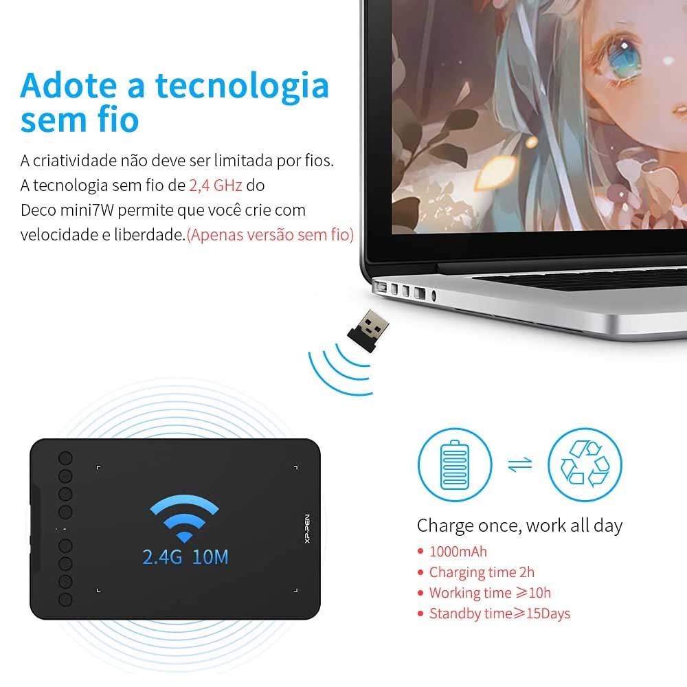 Mesa Digitalizadora XP-Pen Deco Mini7W 5080LPI Sem Fio Bluetooth