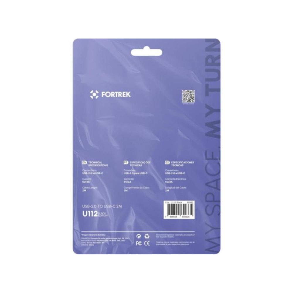 Cabo de Dados USB-A Para USB-C Fortrek U112 2mts Nylon Trançado Preto - 85982