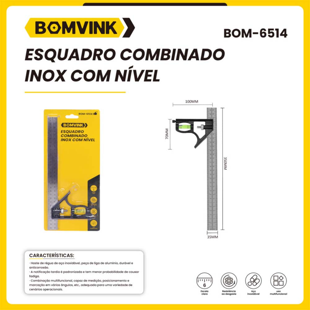 Esquadro Combinado em Inox com Nivel de Medição Bomvink - BOM-6514