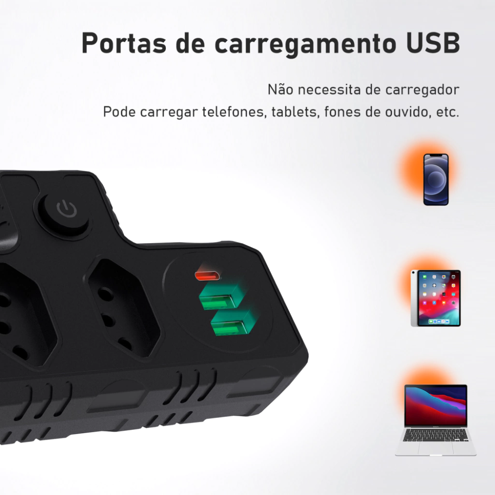 Extensor C/ 3 Tomadas de Energia + 2 Usb 2.1A + 1 Usb-C PD 10A Coibeu C/ Interruptor