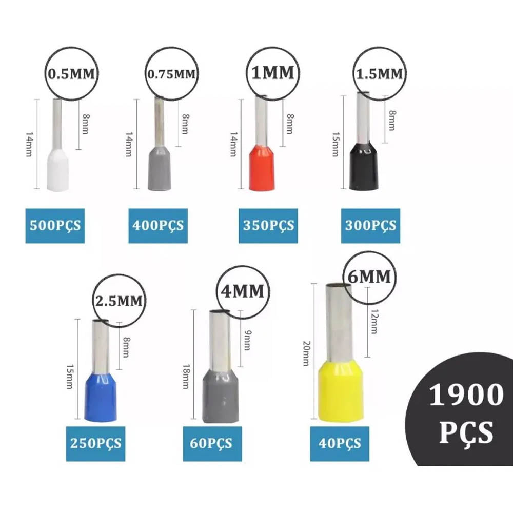Kit de Terminais Ilhos 1900Pcs BomVink Tubulares Eletrica 0.5mm até 0.6mm - BOM-5521