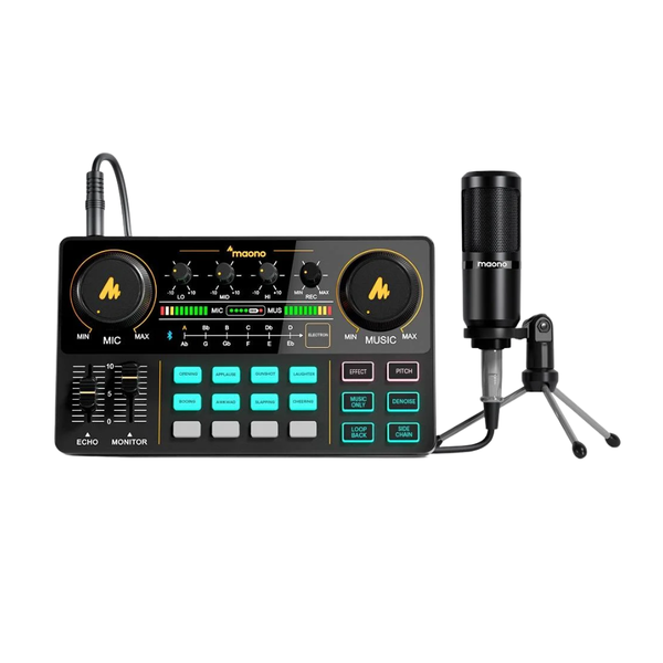 Kit Mesa de Som Stream Deck Maono Caster Lite Bluetooth + Microfone Condensador XLR Cardioide - AU-AM200 S1
