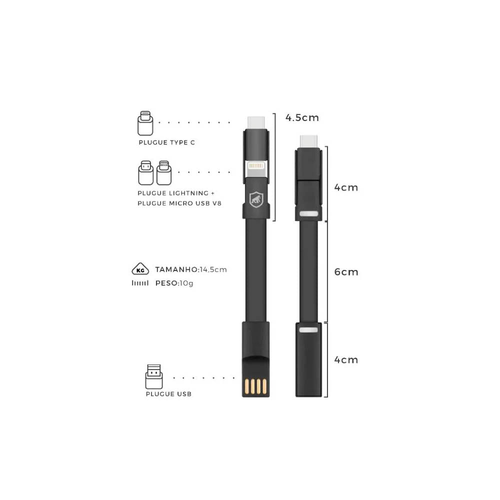 Cabo de Dados USB GShield 3 Em 1 Micro USB / Lightning / Tipo C Curto - J2SKGH5WB
