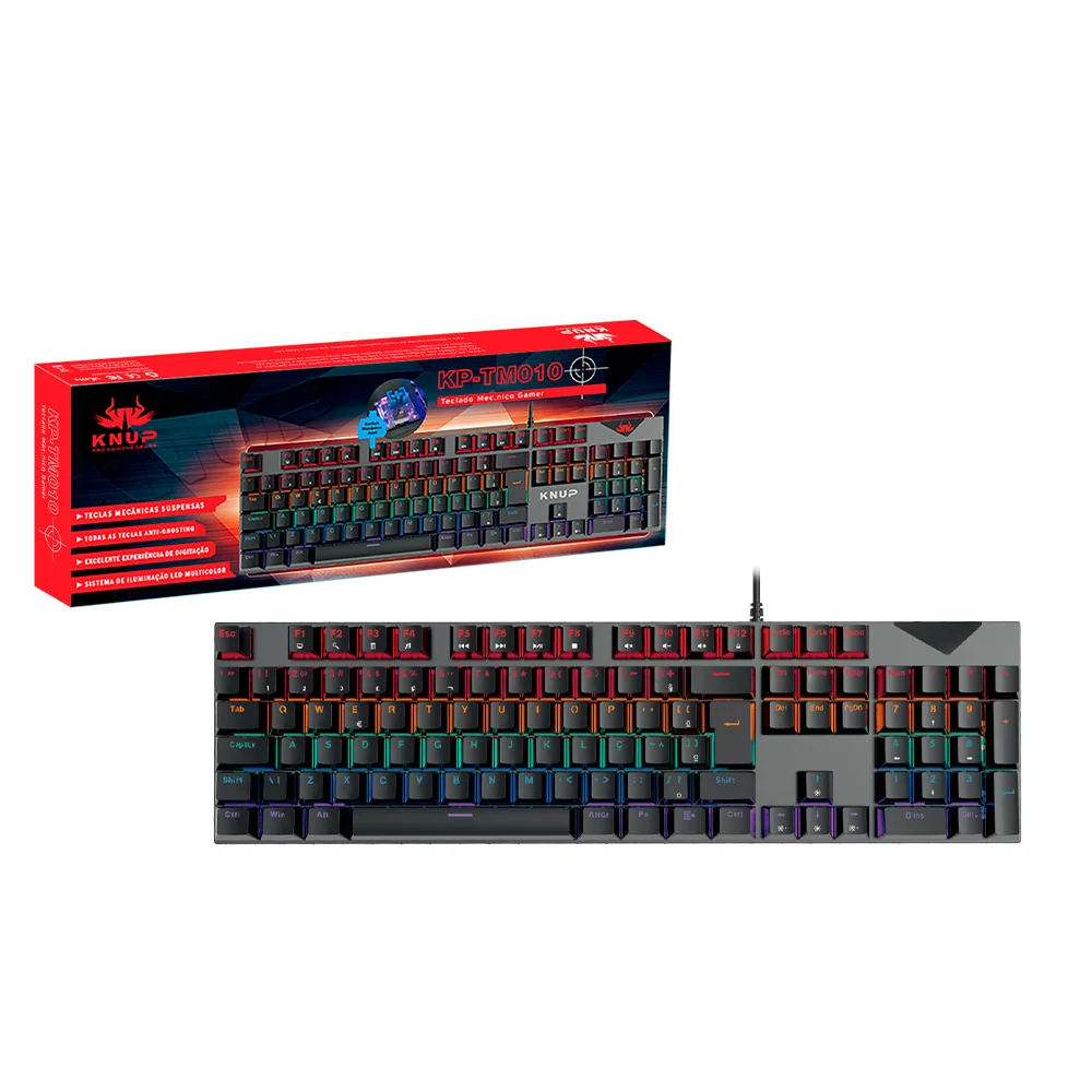 Teclado Gamer Mecanico Knup Switch Azul USB RGB ABNT2 - KP-TM010