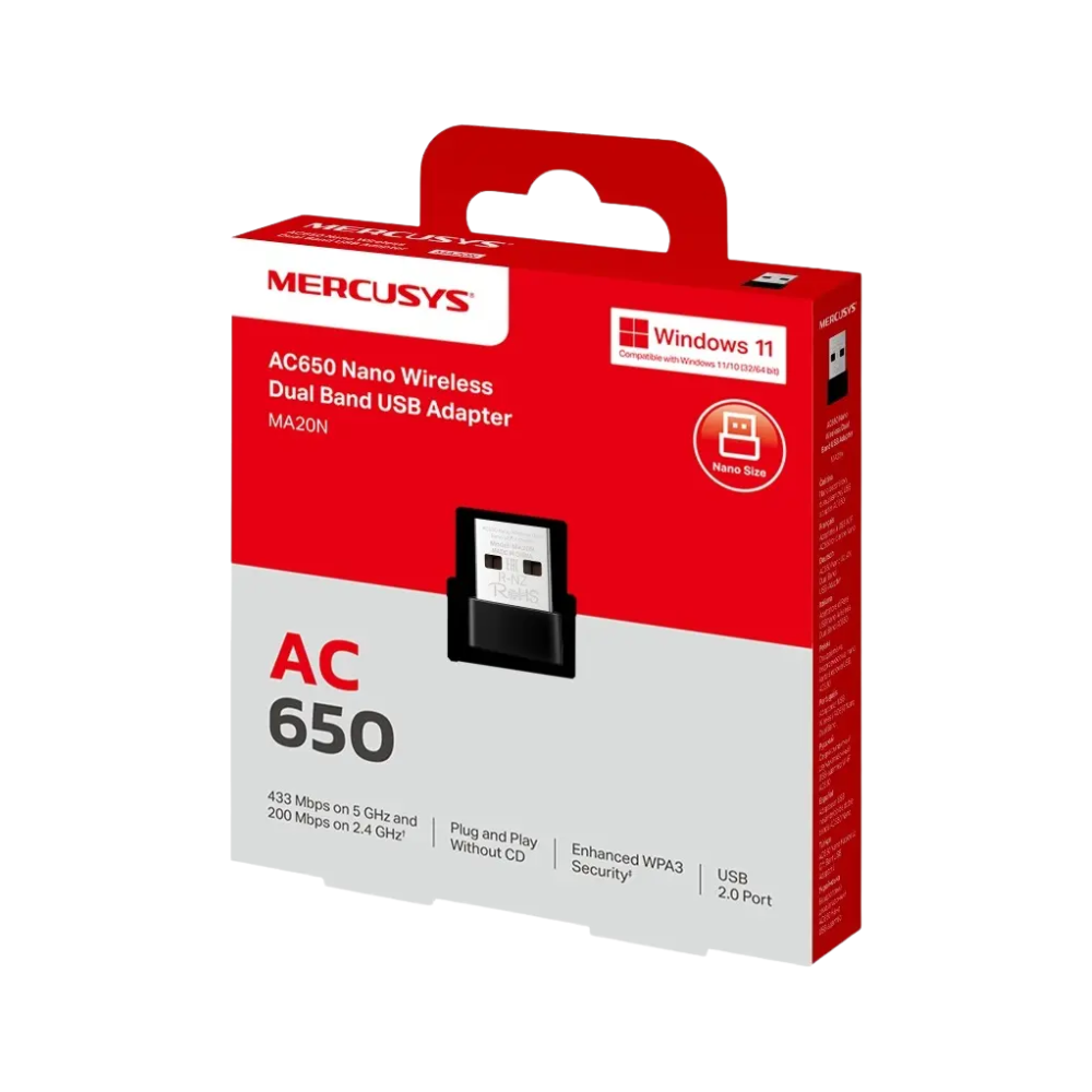 Adaptador Usb Wireless Mercusys Dual Band AC650 Nano 433mbps - MA20N