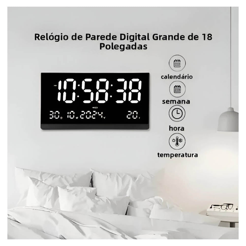 Relogio De Parede 48cm Led Digital Hora Calendário Temperatura Oasis - OIH-6210