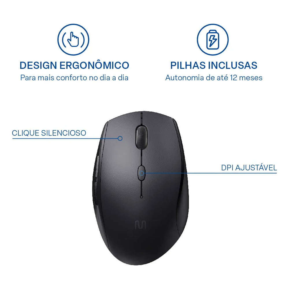 Mouse Sem Fio Multilaser Mo381 Clique Silencioso Preto 1600dpi Truedata