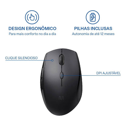 Mouse Sem Fio Multilaser Mo381 Clique Silencioso Preto 1600dpi Truedata