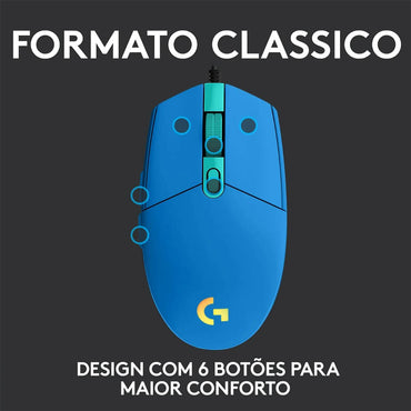 Mouse Gamer Logitech G203 LightSync 6 Botões 8000dpi Azul C/ Rgb - 910-005795