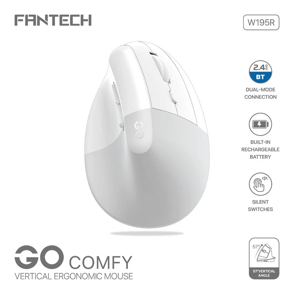 Mouse Sem Fio Ergonomico Fantech Go Comfy Silent 1600Dpi Ajustável 7 Botões Branco - W195R