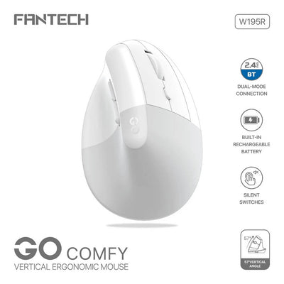 Mouse Sem Fio Ergonomico Fantech Go Comfy Silent 1600Dpi Ajustável 7 Botões Branco - W195R