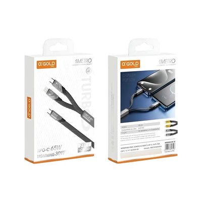 Cabo de Dados aGold 2 em 1 Usb Tipo C P/  Tipo C 65W e Lightning 30W 1 Mt - CB-34
