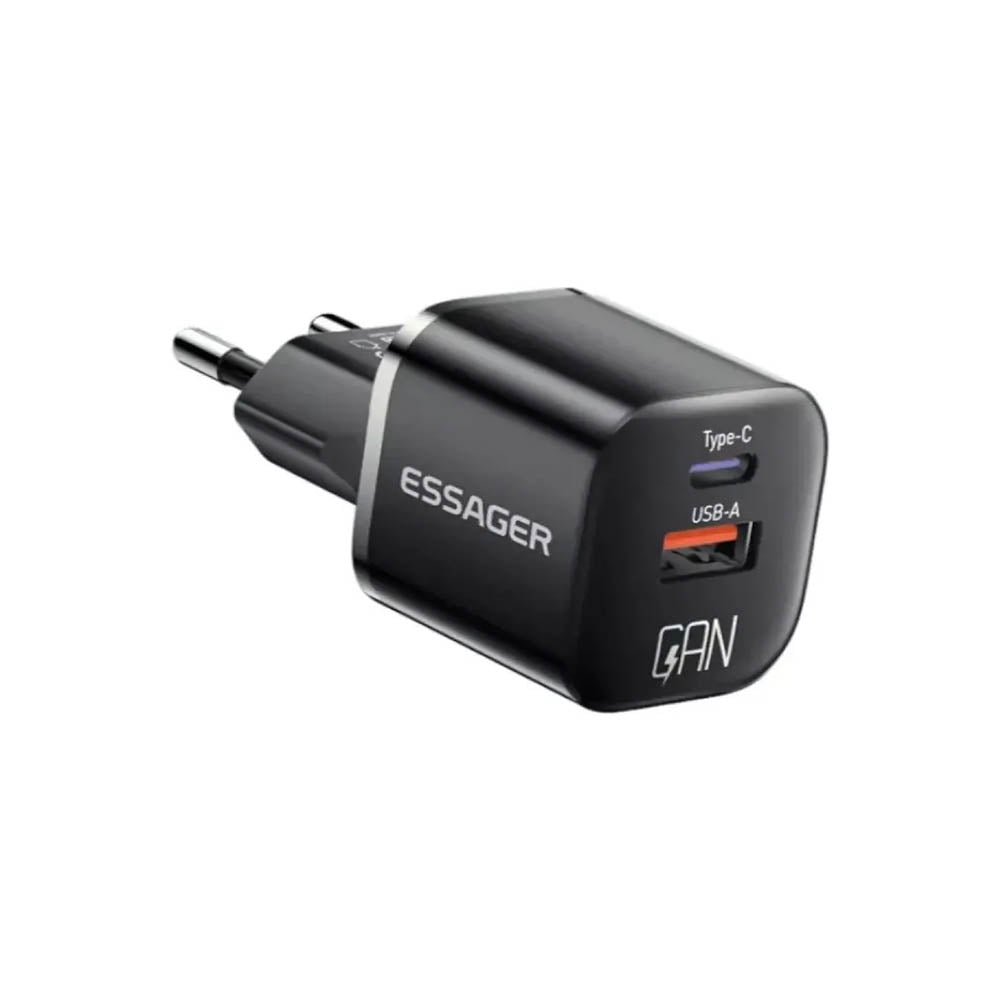 Carregador de Viagem C/ Saída USB-C e USB-A Essager Preto 20W - ECTAC-HMB01-P