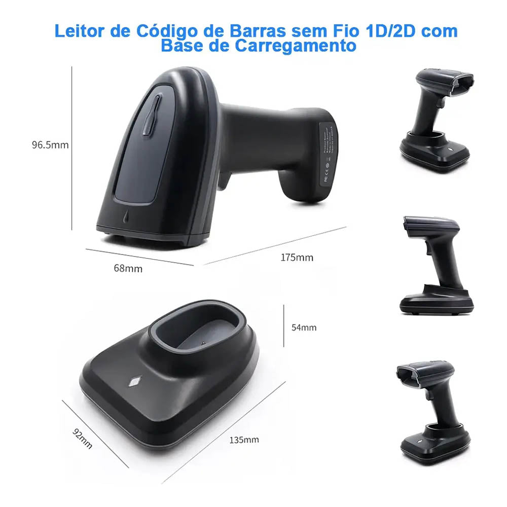 Leitor De Código De Barras Sem Fio 2d Com Suporte Bateria Longa Duraçao