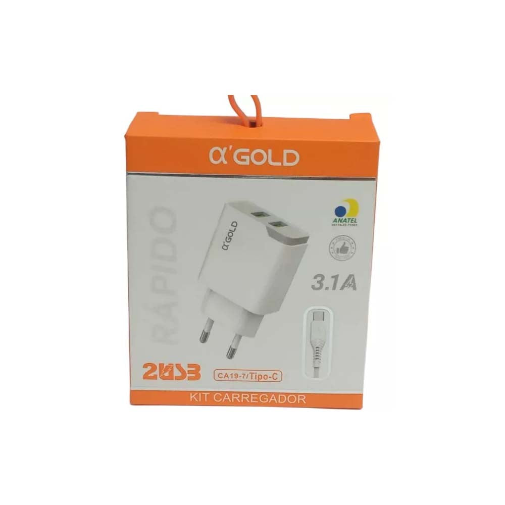 Carregador De Parede aGold C/ 2 Saídas USB + Cabo Usb Tipo C 3.1A - CA19-7 / Tipo-C