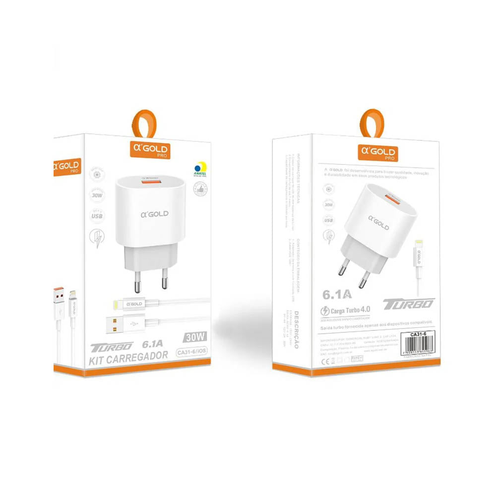 Carregador De Parede aGold Usb / Lightning (Iphone) Turbo 30W 6.1A - CA31-6 / IOS
