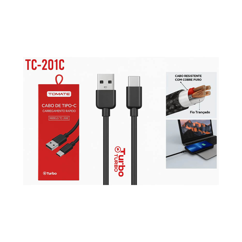 Cabo de Dados USB Tipo C 1,2m 2.4a Turbo Tomate - Tc-201c