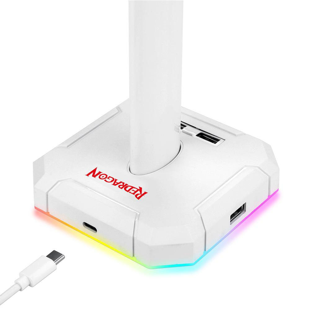 Suporte p/ Headset RGB Scepter Lunar White Redragon C/ 4 Portas Usb Branco - HA300-W