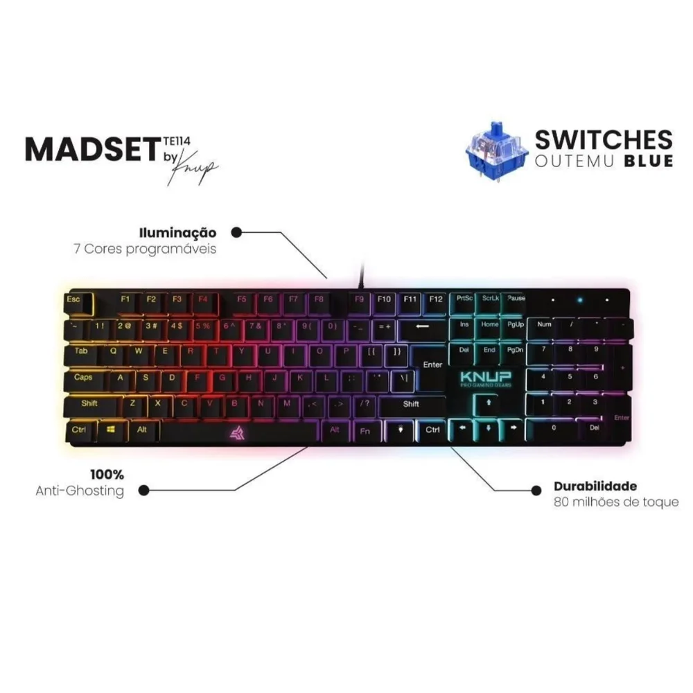 Teclado Gamer Mecanico Knup USB RGB Anti Ghost - KP-TE114