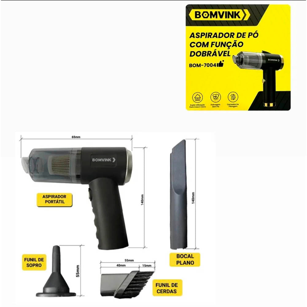 Aspirador de Pó  Portátil Dobrável Sem Fio 1200Mah 50W Bomder - BOM-7004 Truedata