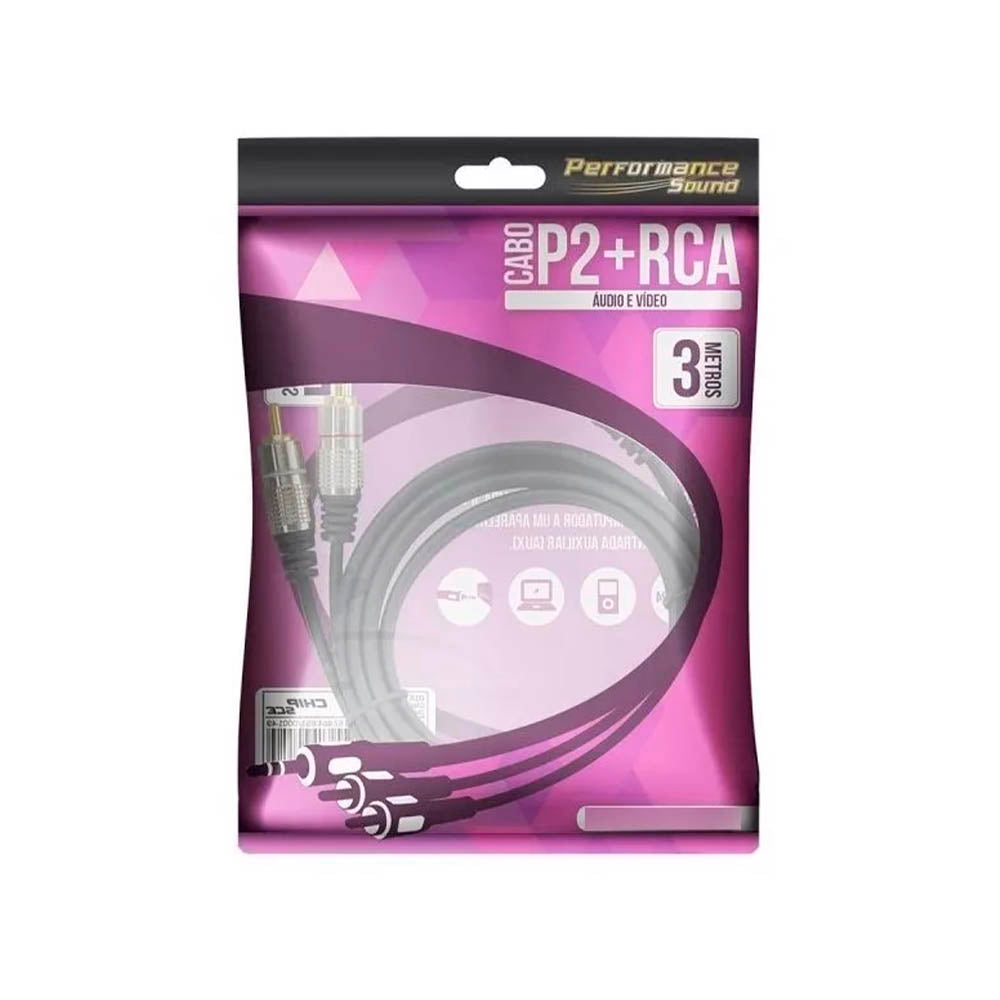 Cabo de Áudio 2 RCA Macho Para P2 3.5mm 3m