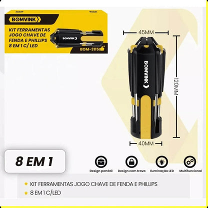 Kit de Ferramentas Portátil 8 em 1 C/ Led Bomvink - BOM-3115
