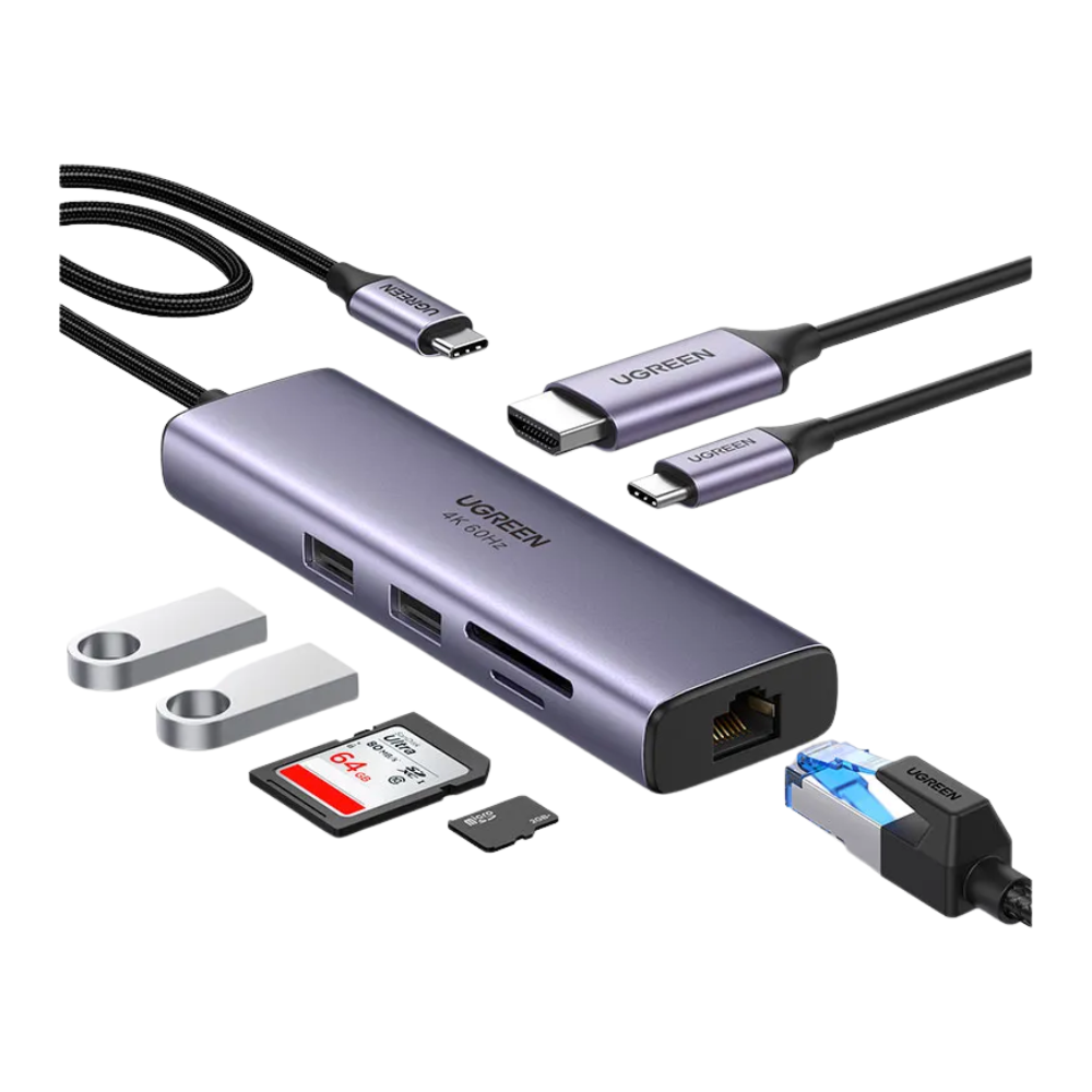 Adaptador Ugreen Revodok Usb-C 7 em 1 - Hdmi RJ45 Pd 2x Usb 3.0 Leitor Cartão - CM512 - 60515