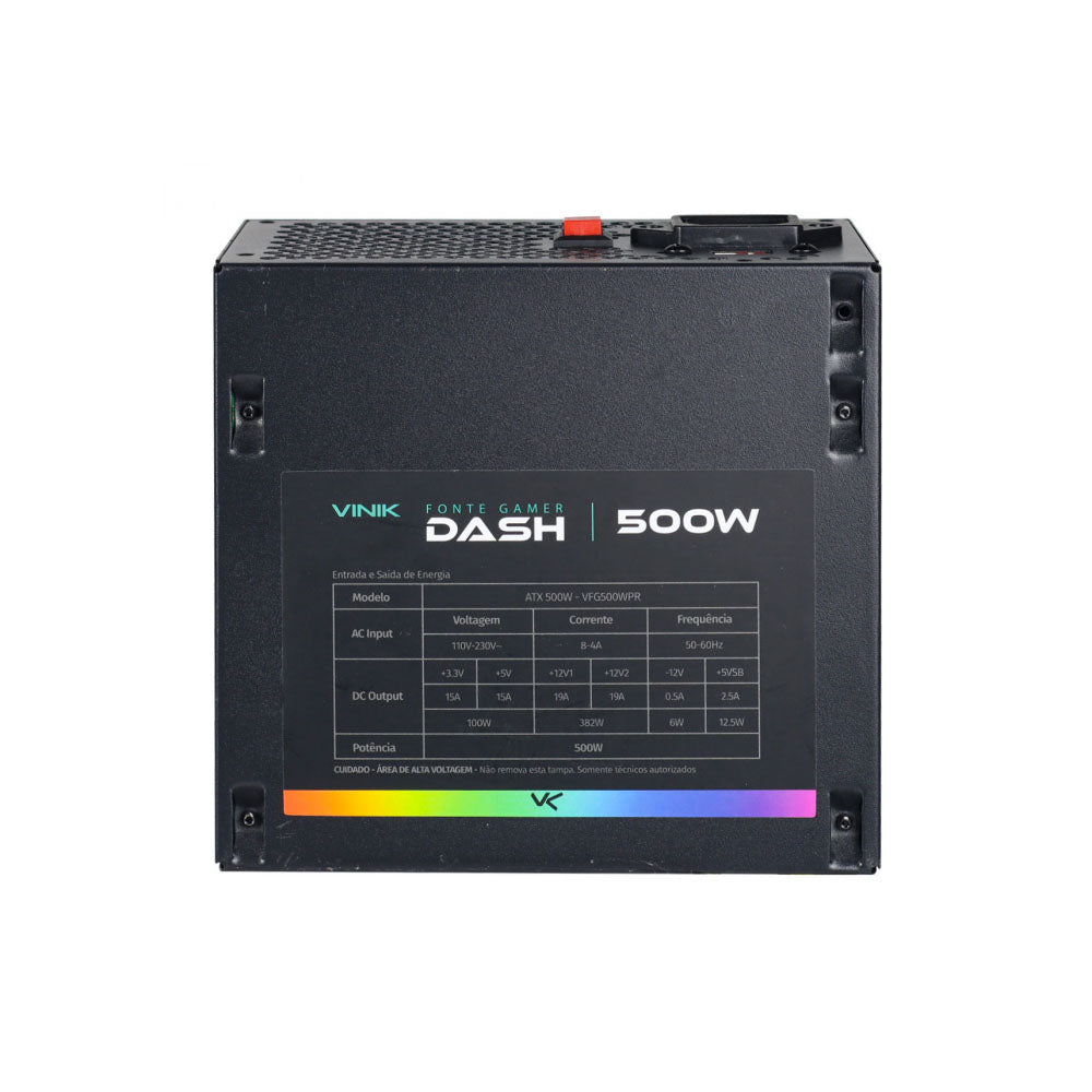 Fonte Real Atx Gamer Vinik Dash Atx 500w C/ Fan Led RGB Bivolt Preto - VFG500WPR